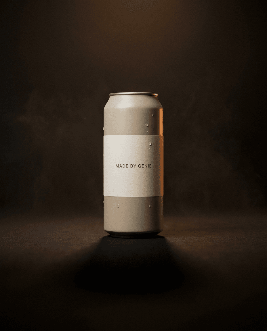 A slim oat-tone matte aluminum beverage can with a "Made By Genie" label.