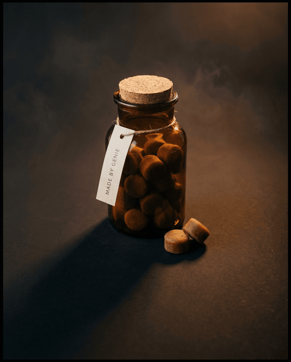 Amber-glass jar of soft pet chews with a cork lid and a "Made By Genie" tag.