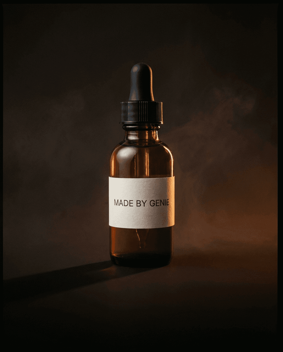 Amber-glass serum dropper bottle with a matte black cap and a "Made By Genie" label.